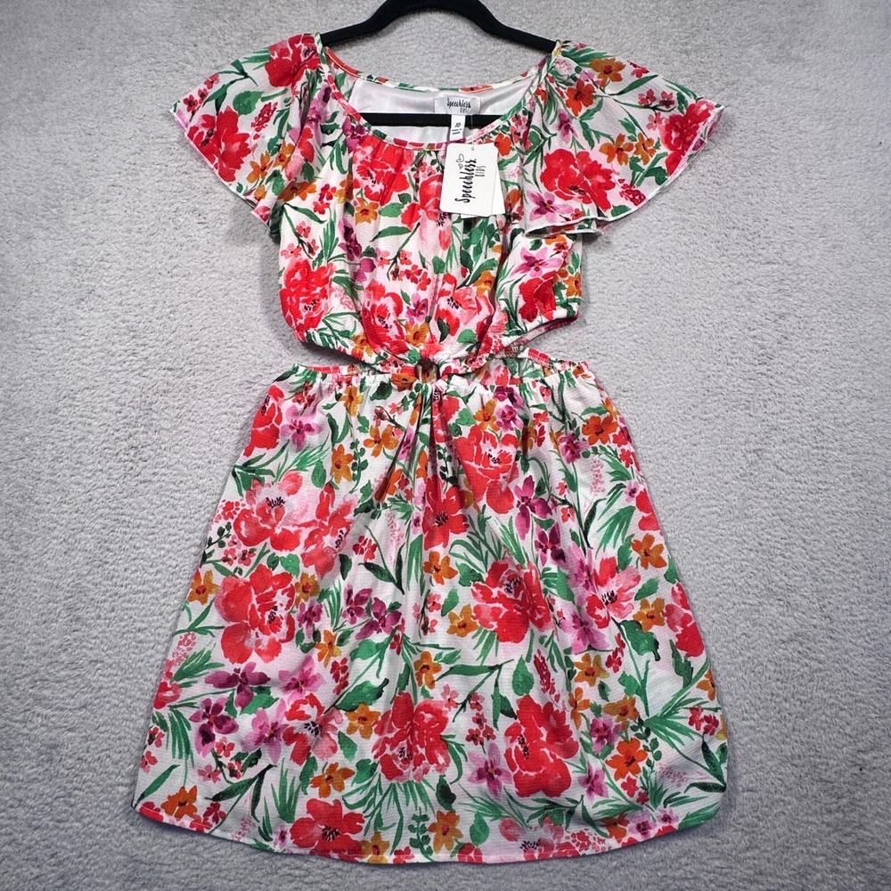 NWT Speechless Kids Floral Cutout Dress‎ Ruffle Sleeve Party White Red Girls 10